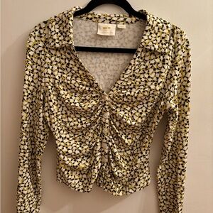 Anthropologie Yellow and Black Patterned Blouse